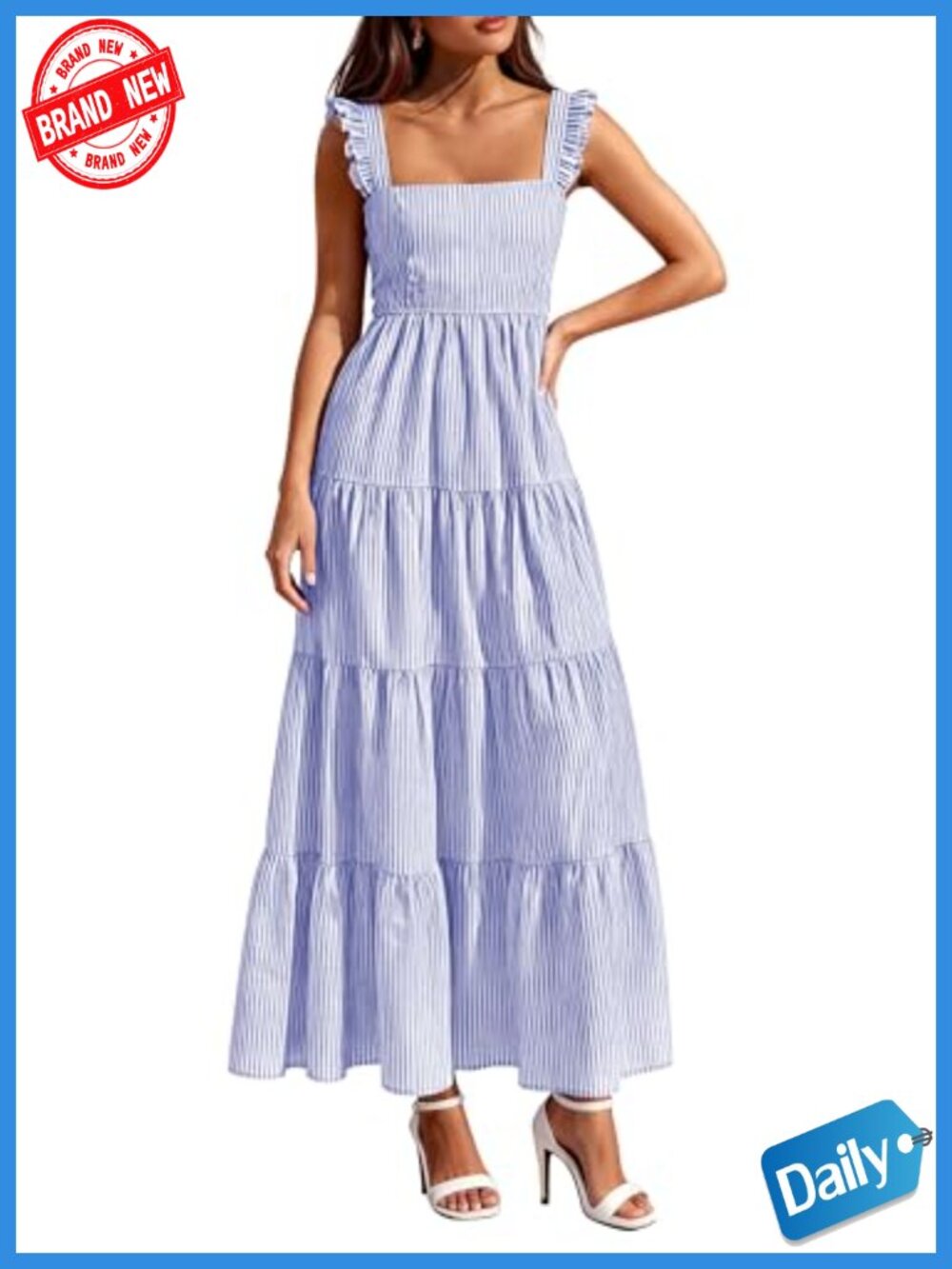 Women's Summer Striped Maxi Sun Dress Sleeveless Square Neck Flowy Long Back